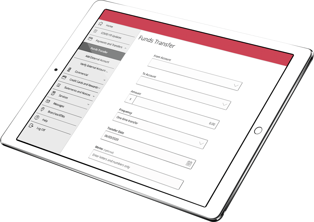 Tablet with Sun Central Credit Union funds transfer on the screen