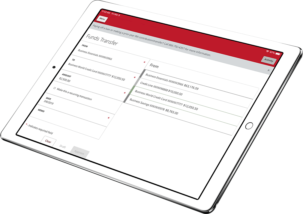 Tablet with Sun Central Credit Union funds transfer on the screen