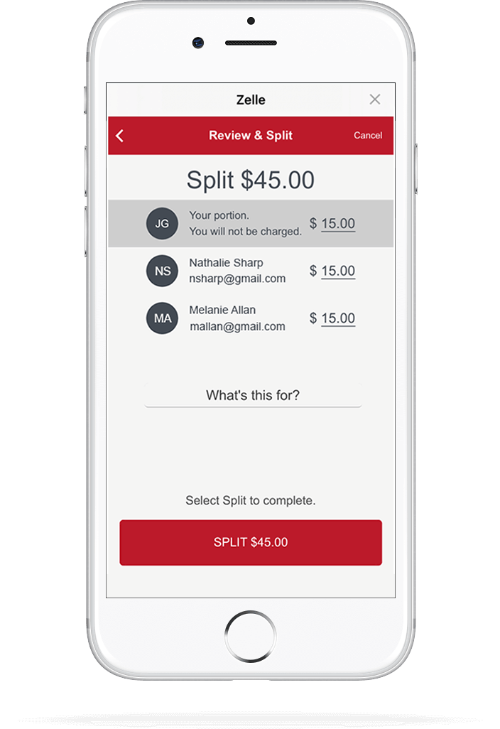 iPhone showing Zelle split money functionality.